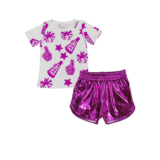 4.11 GSSO2515 Pre order Baby Girls Purple Star Fireworks Print White Short Sleeve Purple Leather Shorts Set