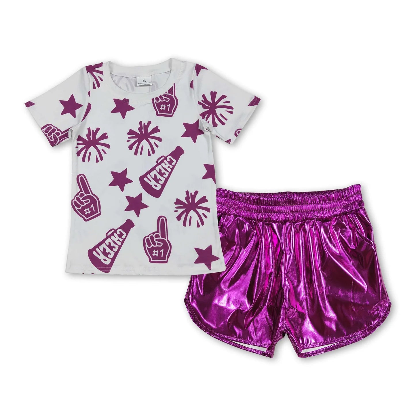 8.20 RTS Sibling Baby Girls Cheer Team Tops Leather Shorts Clothes Sets