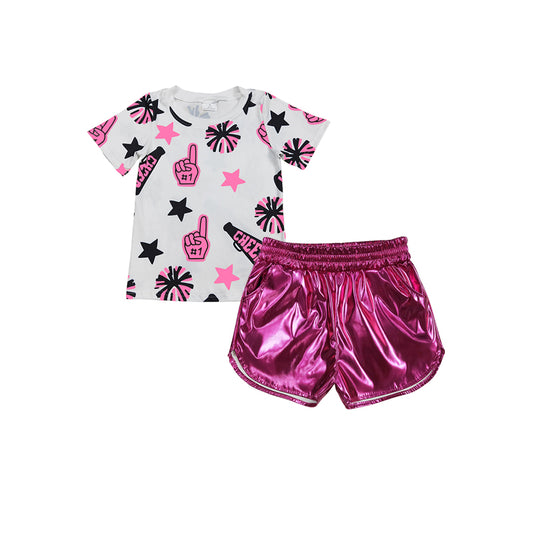 4.11 GSSO2516 Pre order Baby Girls White Star Fireworks Print Short Sleeve Pink Leather Shorts Set