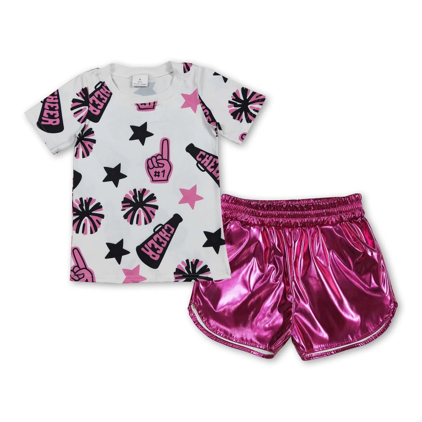 8.20 RTS Sibling Baby Girls Cheer Team Tops Leather Shorts Clothes Sets