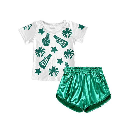 4.11 GSSO2517 Pre order Baby Girls Green Star Fireworks Print White Short Sleeve Green Leather Shorts Set