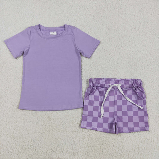 7.15  GSSO2524RTS NO MOQ Baby Girls Summer Outfits Baby Girls Lavender Short Sleeves Top Plaid Short Set