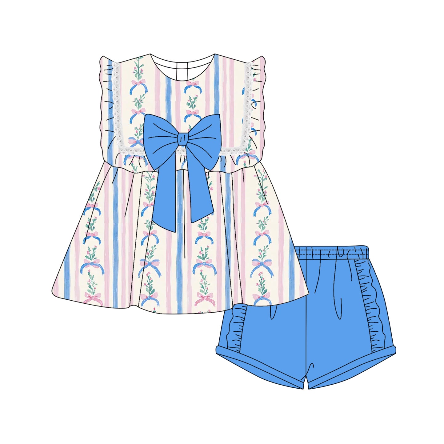 6.11   GSSO2533 Pre order Baby Girls Summer Outfits baby girls clothes bow floral blue sleeveless shorts set