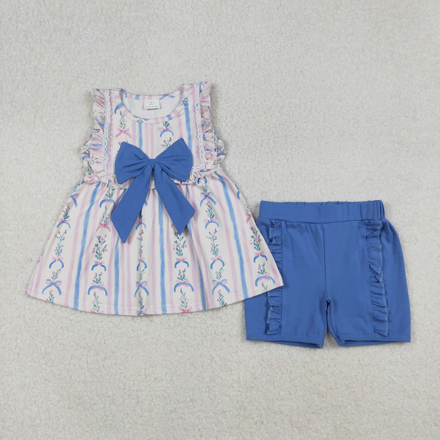 RTS NO MOQ （In stock）GSSO2533 Baby Girls Summer Outfits Sleeveless Floral Stripe Tunic Ruffle Shorts Sets