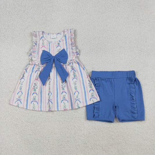 RTS NO MOQ （In stock）GSSO2533 Baby Girls Summer Outfits Sleeveless Floral Stripe Tunic Ruffle Shorts Sets