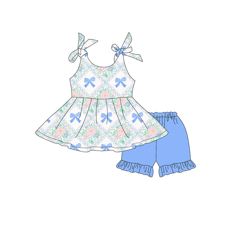 6.11  GSSO2536 Pre order Baby Girls Summer Outfits baby girls clothes bow floral blue suspender shorts set