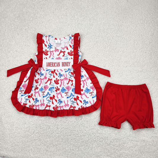 5.17  GSSO2538 RTS NO MOQ Baby Girls Summer Outfits Baby Girls American Honey Red Blue Bows Tunic Ruffle Short 4th Of July Set