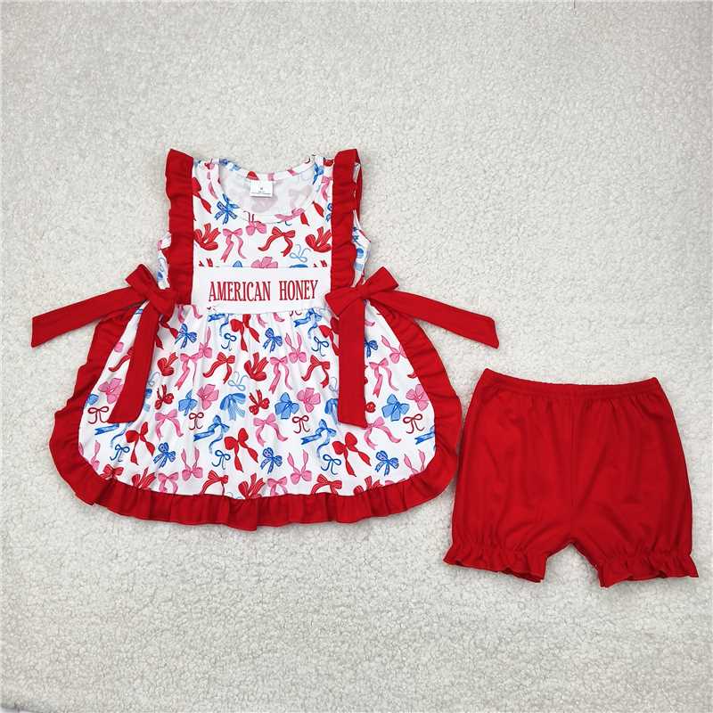 6.30  RTS NO MOQ Baby Girls Summer Outfits  American honey bow top ruffle shorts girls 4th of july clothes rompers