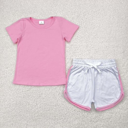 GSSO2543 RTS NO MOQ Baby Girls Summer Outfits baby girls clothes pink short sleeve shorts set