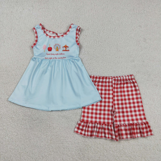 3.17 RTS NO MOQ （In stock）GSSO2544 Kids Clothing for Baby Girls Sleeveless Tunic Top Red Checked Ruffle Short Clothes Set