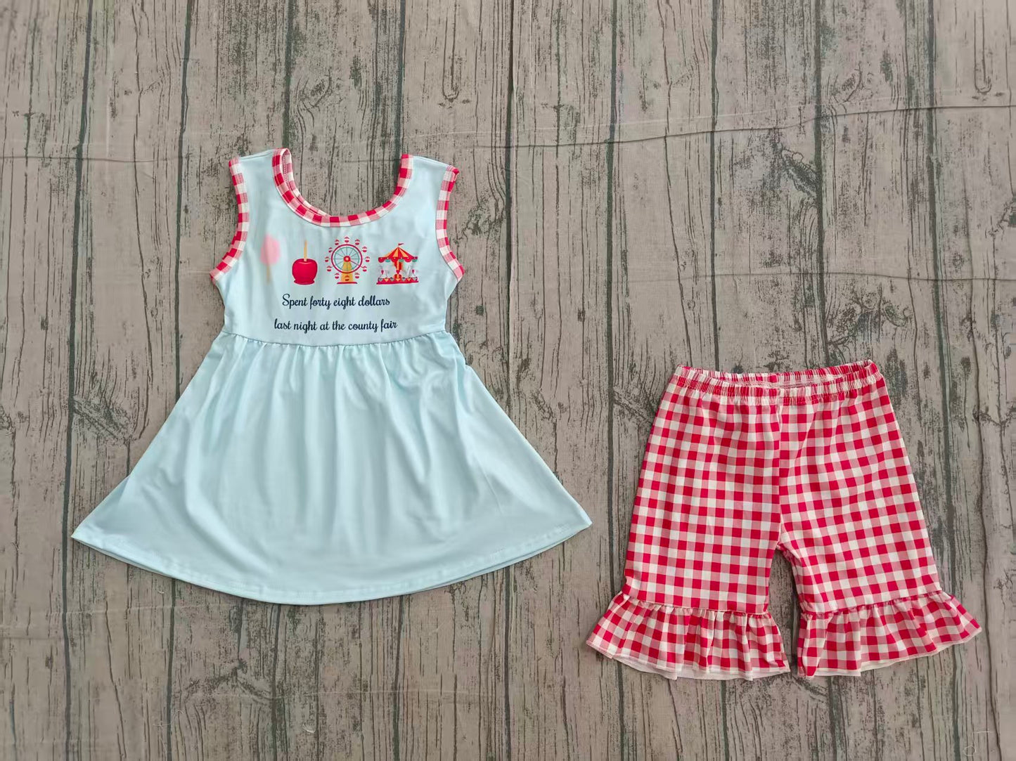 2.11 GSSO2544 Sample No Moq Summer Baby Girls Sleeveless Park Tunic Red Plaid Ruffle Short Set