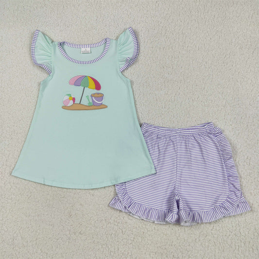 7.23 GSSO2553 RTS NO MOQ Baby Girls Summer Outfits Embroidery Baby Girls Flutter Sleeves Beach Tunic Lavender Stripe Short Set