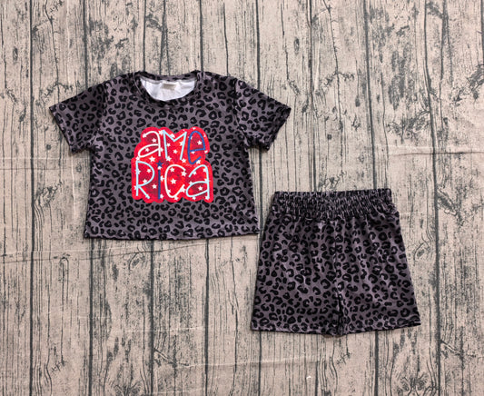 4.8 GSSO2576 Sample No Moq Baby Girls Black Leopard American Stars Top Short 4th Of July Pajamas Set
