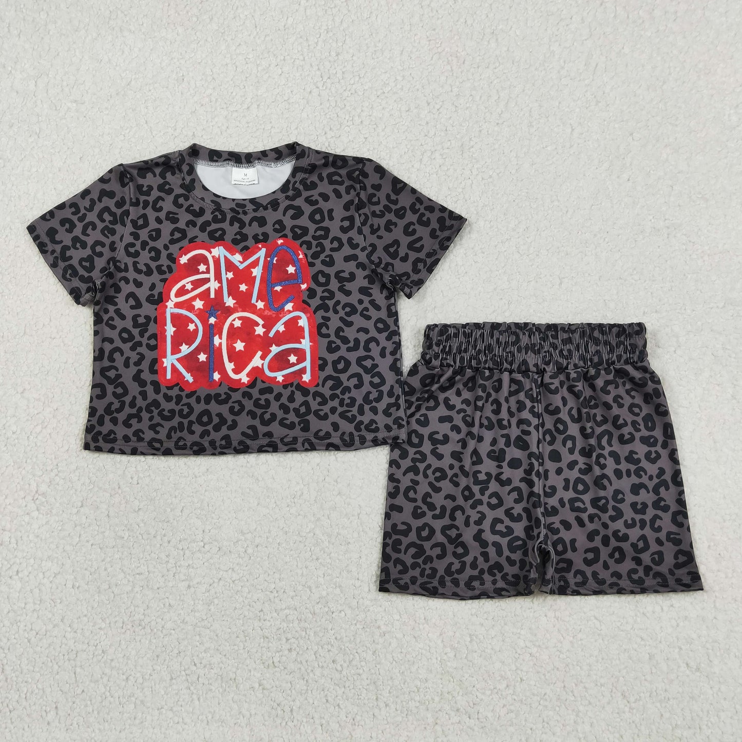 GSSO2576 RTS NO MOQ （In stock ）Short sleeves black leopard America girls 4th of july set