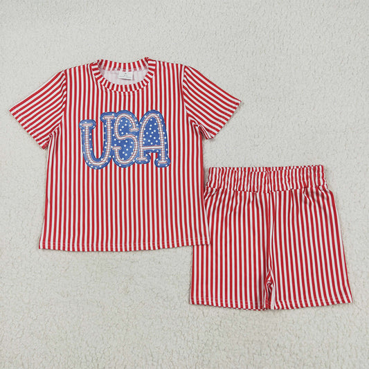 7.02 GSSO2577 RTS NO MOQ Baby Girls Summer Outfits Baby Girls Red Stripe USA Top Short 4th Of July Pajamas Set