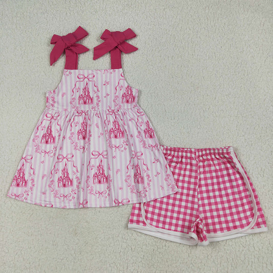 7.10 GSSO2582RTS NO MOQ Baby Girls Summer Outfits Baby Girls Pink Strap Castles Bows Tunic Plaid Short Set