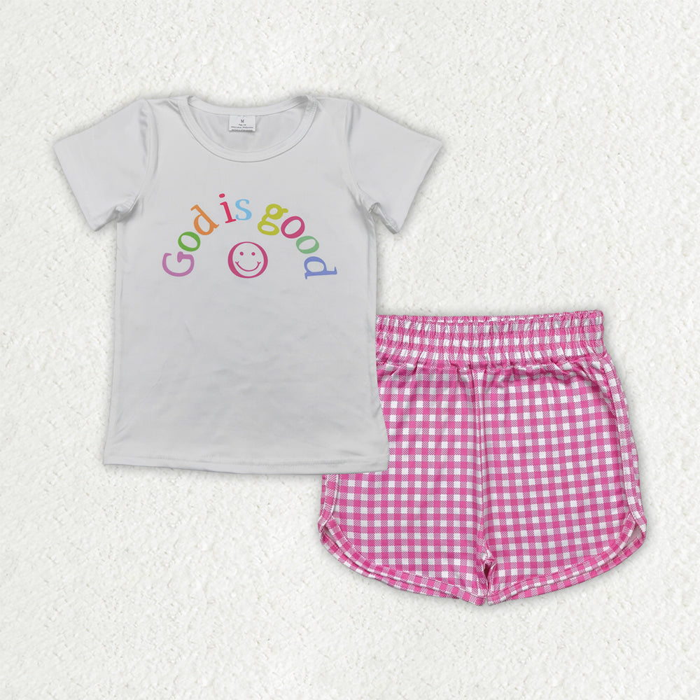 7.17  GSSO2594 RTS NO MOQ Baby Girls Summer Outfits Baby Girls God Is Good Smile Top Pink Plaid Shorts Sets