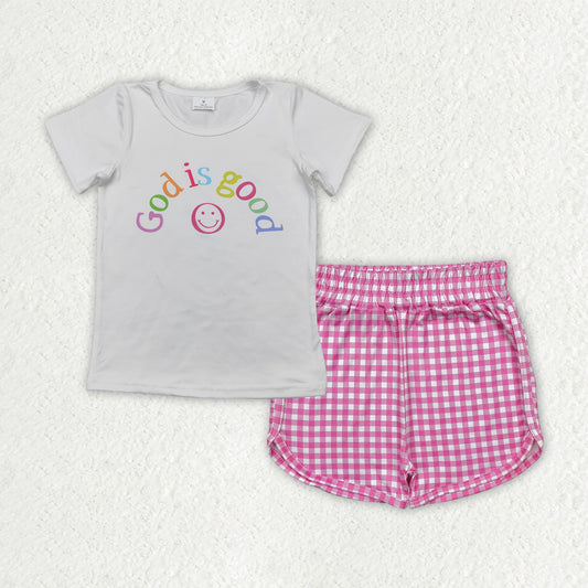 7.17  GSSO2594 RTS NO MOQ Baby Girls Summer Outfits Baby Girls God Is Good Smile Top Pink Plaid Shorts Sets