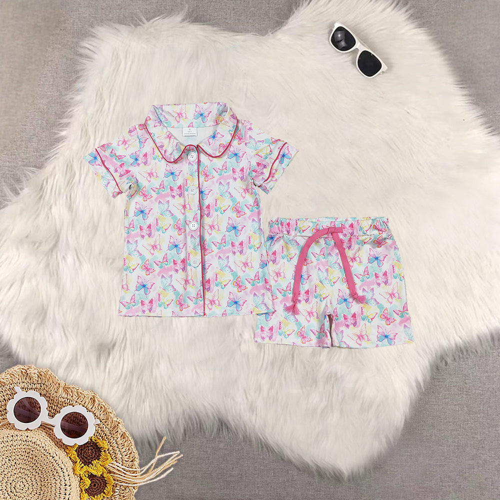 RTS Sibling Baby Girls Blue floral short sleeves girls button down pajamas
