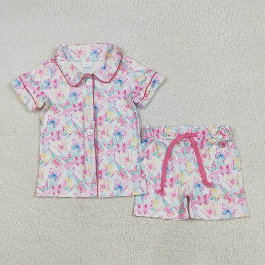 GSSO2601 RTS NO MOQ Baby Girls Summer Outfits Baby Girls Short Sleeves Colorful Butterfly Butter Top Short Pajamas Set
