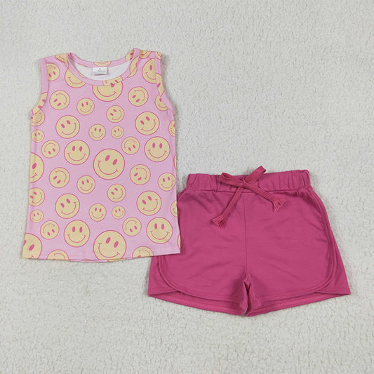 7.06 GSSO2605 RTS NO MOQ Baby Girls Summer Outfits Baby Girls Pink Sleeveless Smiles Top Pockets Short Set