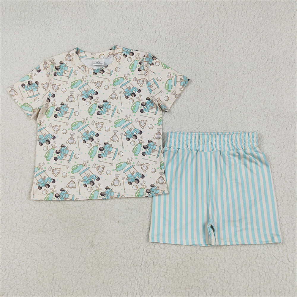 GSSO2614 RTS NO MOQ Baby Girls Summer Outfits Baby Girls Short Sleeves Golf Top Blue Stripes Short Pajamas Set