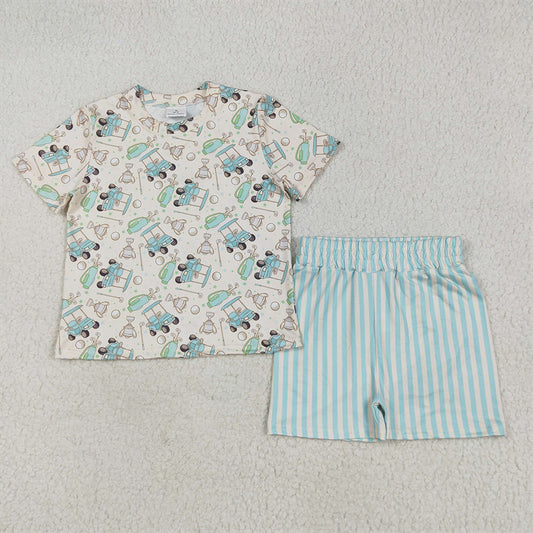 GSSO2614 RTS NO MOQ Baby Girls Summer Outfits Baby Girls Short Sleeves Golf Top Blue Stripes Short Pajamas Set