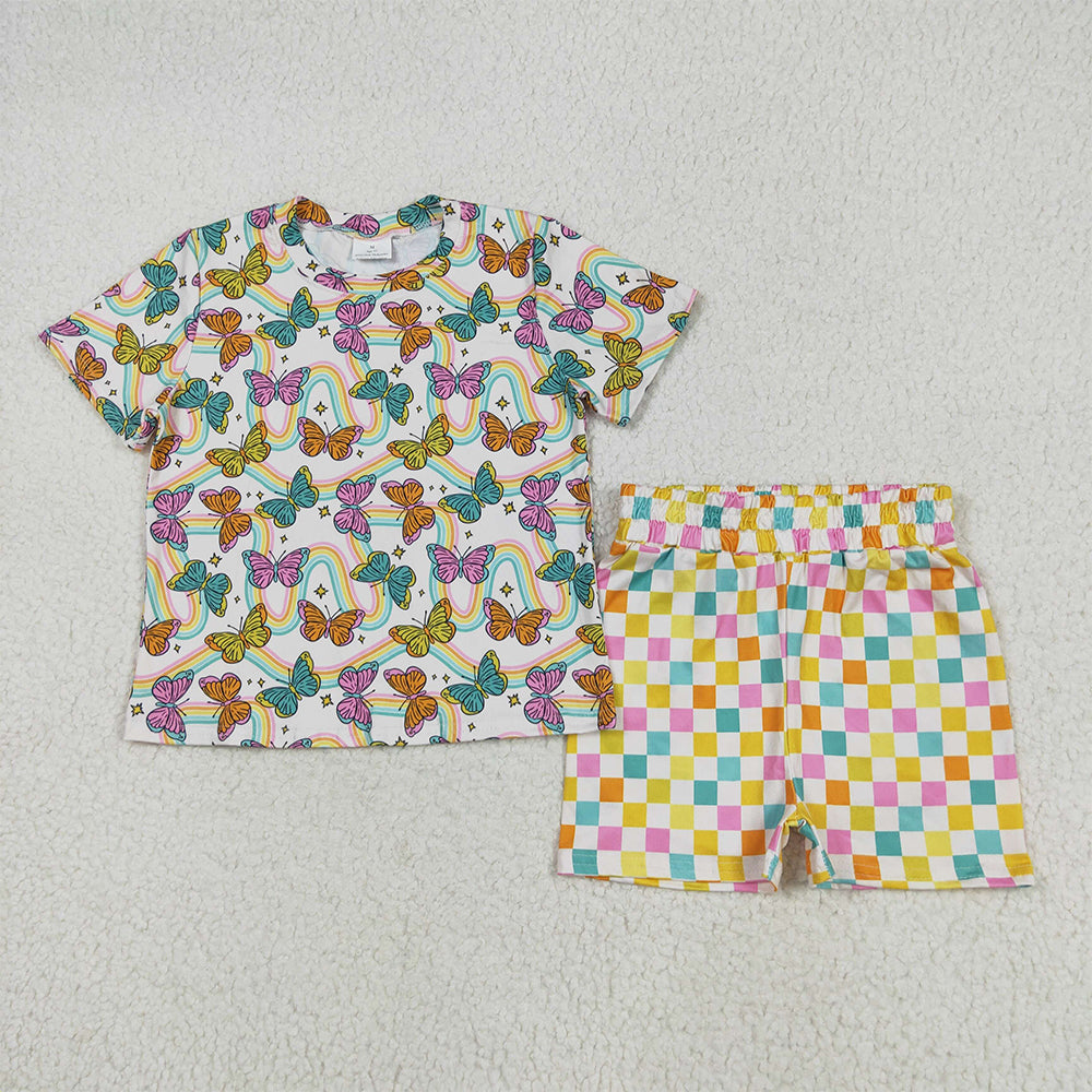 GSSO2615 RTS NO MOQ Baby Girls Summer Outfits Baby Girls Short Sleeves Butterfly Rainbows Top Colorful Plaid Short Pajamas Set