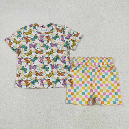 GSSO2615 RTS NO MOQ Baby Girls Summer Outfits Baby Girls Short Sleeves Butterfly Rainbows Top Colorful Plaid Short Pajamas Set