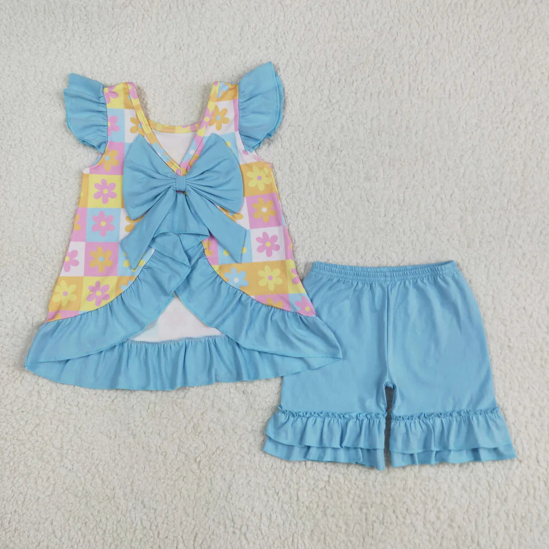 12.6 RTS Sibling Baby Girls Flowers Checked Flutter Sleeve Back Bows Tunic Ruffle Shorts Clothes Sets
