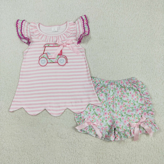 RTS NO MOQ （In stock）GSSO2633 Baby Girls Summer Outfits Embroidery Baby Girls Flutter Sleeves Floral Golf Truck Tunic Ruffle Short Set