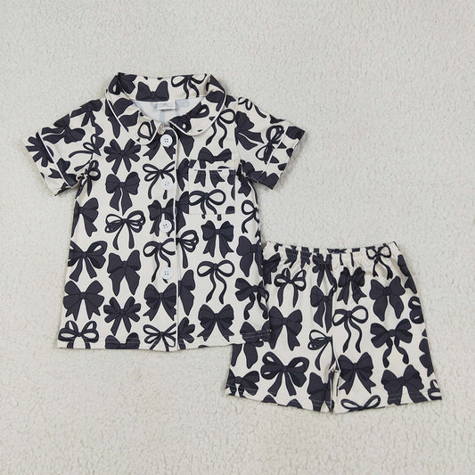 8.15 GSSO2663 RTS NO MOQ Baby Girls Summer Pajamas Outfits Baby Girls Short Sleeves Black Bows Button Pocket Top Short Pajamas Set