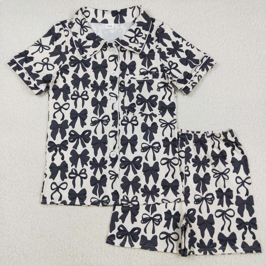 8.15 RTS NO MOQ （In stock）GSSO2664 Adult women's pajamas set Adult Women Short Sleeves Black Bows Button Pocket Top Short Pajamas Sets