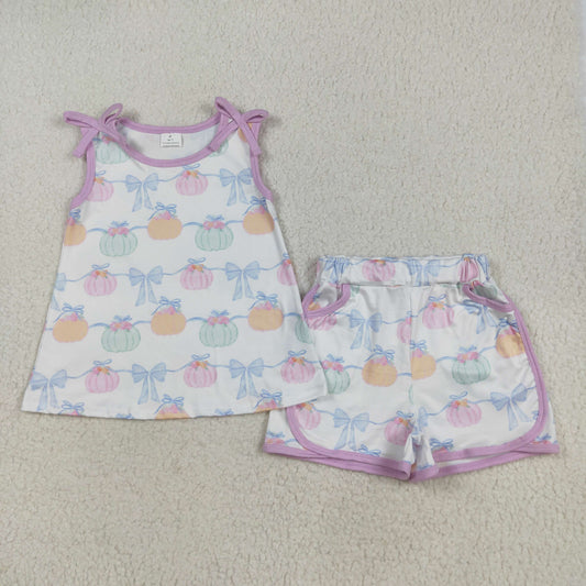 RTS NO MOQ （In stock）GSSO2668 Baby Girls Summer Outfits Baby Girls Bows Sleeveless Pumpkins Stripe Tunic Pockets Short Sets