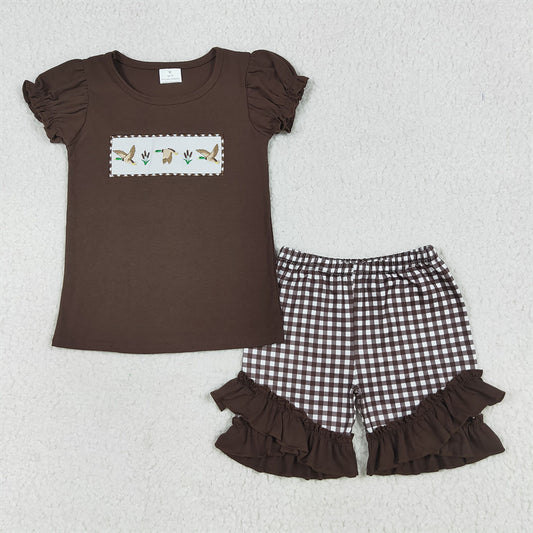 RTS NO MOQ （In stock） GSSO2672 Baby Girls Summer Outfits Embroidery Baby Girls Brown Short Ruffle Sleeves Ducks Top Plaid Short Set