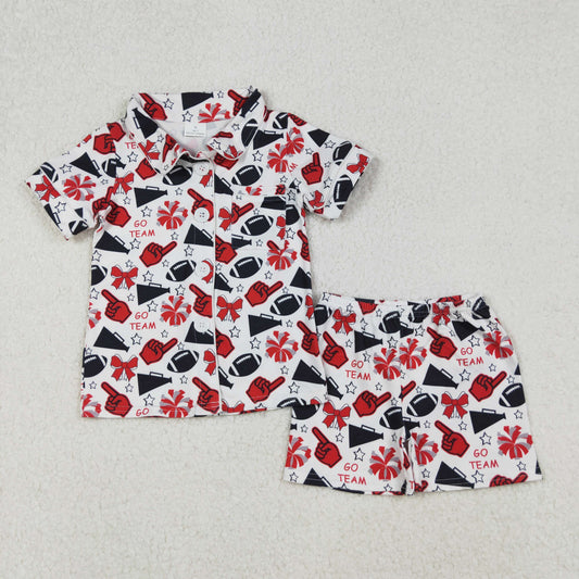 RTS NO MOQ （In stock）GSSO2674  Baby Girls Winter Outfits Team Black Stars Football Button Top Shorts Pajamas Sets
