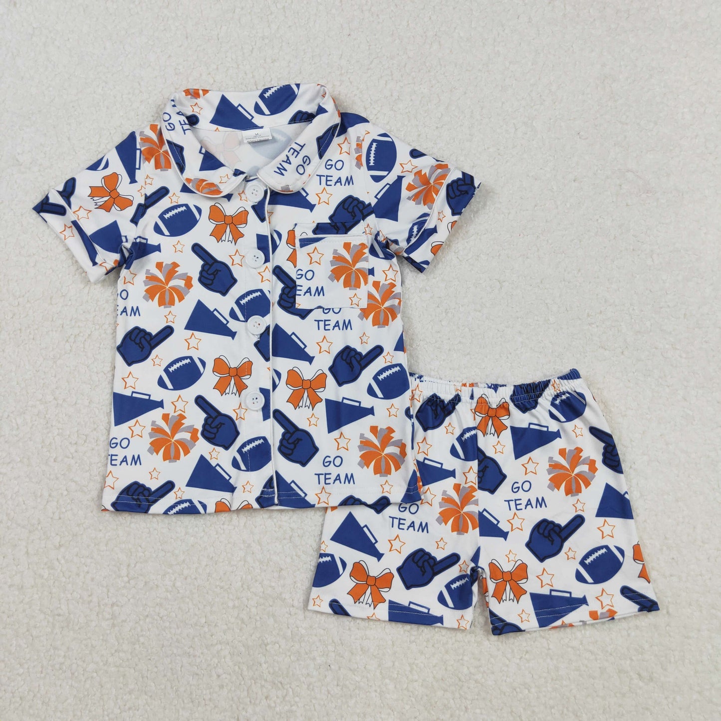 RTS NO MOQ （In stock）GSSO2675 Baby Girls Summer Pajamas Outfits Navy Cheer Team Football Button Top Short Pajamas Set Casual Comfortable Sleepwear