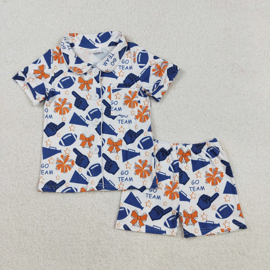 RTS NO MOQ （In stock）GSSO2675 Baby Girls Summer Pajamas Outfits Navy Cheer Team Football Button Top Short Pajamas Set Casual Comfortable Sleepwear