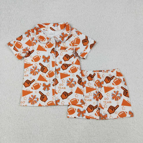 9.19 RTS Sibling Baby Girls Go Team Footballs Bows Yoga Skorts Set Button Shorts Pajamas Set