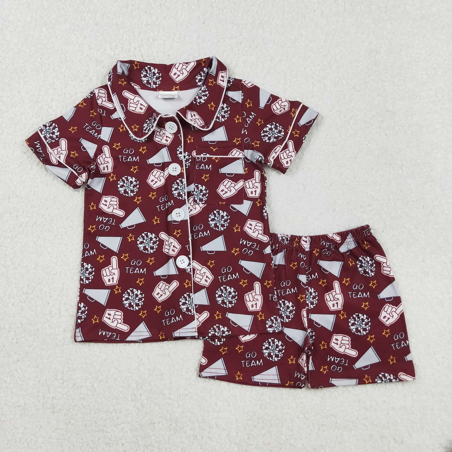 RTS NO MOQ （In stock）GSSO2678 Baby Girls Summer Pajamas Outfits Dark Red Short Sleeve Button Top Pajamas Set Cheer Team Outfit Comfortable Sleepwear for Infants