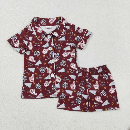 RTS NO MOQ （In stock）GSSO2678 Baby Girls Summer Pajamas Outfits Dark Red Short Sleeve Button Top Pajamas Set Cheer Team Outfit Comfortable Sleepwear for Infants