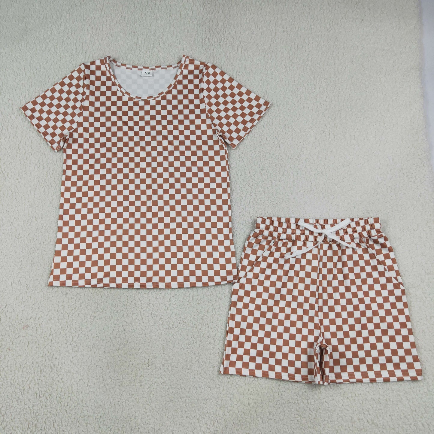 GSSO2680  RTS NO MOQ （In stock） milk silk Adult Women Khaki Plaid Print Short Sleeve Top Shorts Pajama Outfit