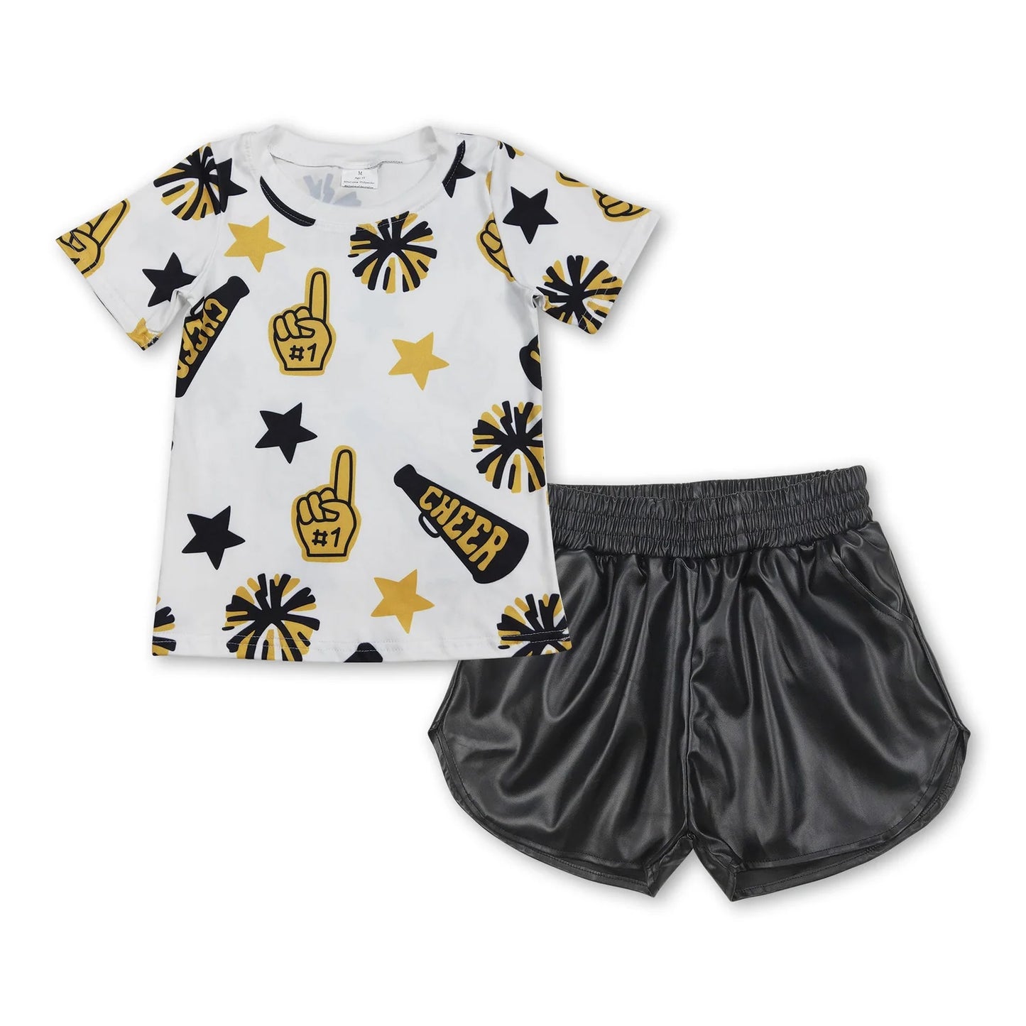 8.20 RTS Sibling Baby Girls Cheer Team Tops Leather Shorts Clothes Sets