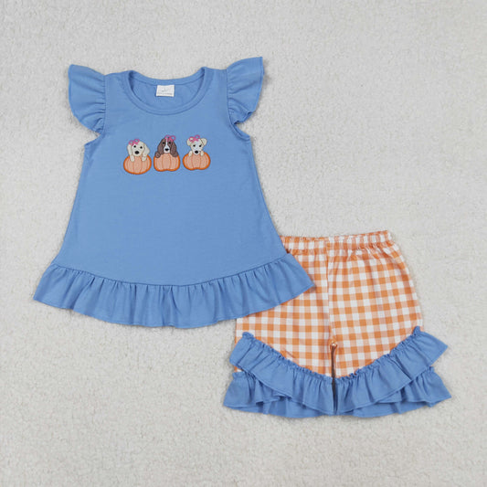RTS NO MOQ （In stock）GSSO2700  Baby Girls Summer Outfits Embroidery Dogs Pumpkins Tunic Ruffle Shorts Clothes Sets