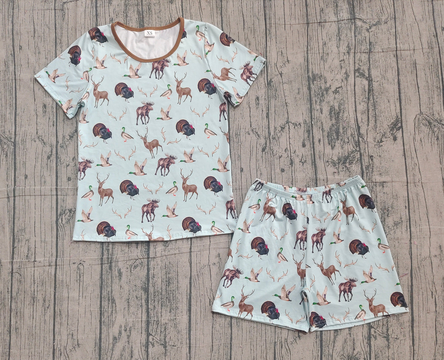 11.11 GSSO2711 Sample No Moq Adult Women Turkey Deer Ducks Top Shorts Hunting Pajamas Sets