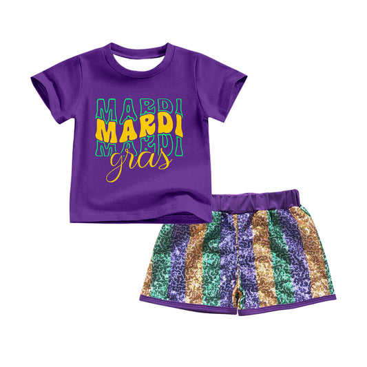 9.25 GSSO2713 Pre order No Moq Baby Girls Purple MARDI GRAS Top Sequin Shorts Clothes Sets