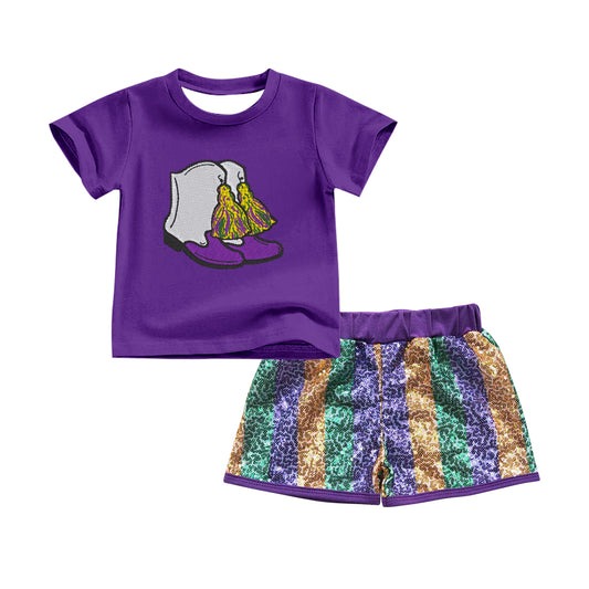 9.25 GSSO2714 Pre order No Moq Baby Girls Purple Boots Top Sequin Shorts Mardigras Clothes Sets