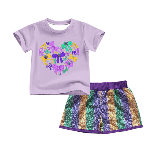 9.25 GSSO2715 Pre order No Moq Baby Girls Lavender Bows Anchors Top Sequin Shorts Mardigras Clothes Sets
