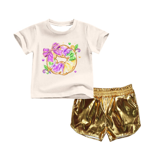 9.25 GSSO2716 Pre order No Moq Baby Girls Bow Anchor Donuts Top Yellow Leather Shorts Mardigras Clothes Sets