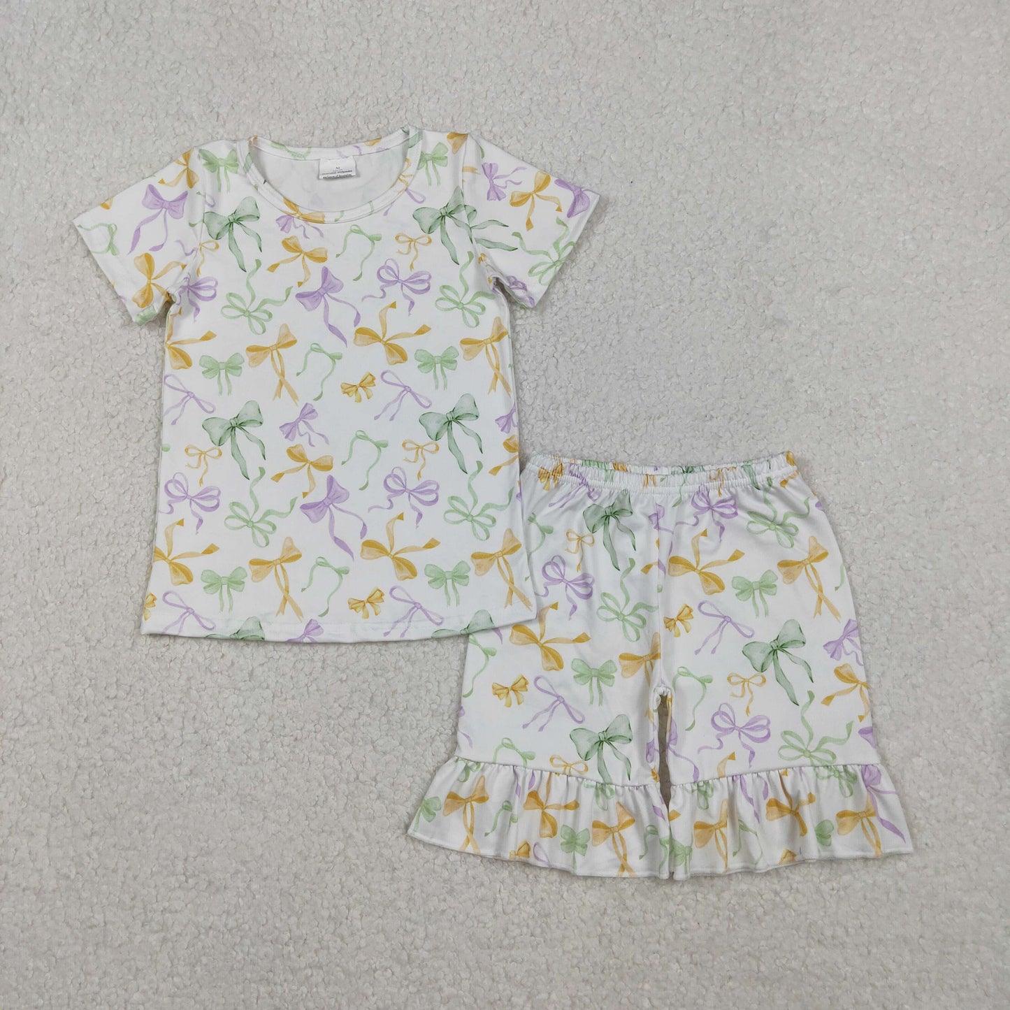 10.31 RTS NO MOQ （In stock）GSSO2717 Baby Boys Summer Outfits Baby Girls Mardigras Bows Plaid Top Ruffle Shorts Pajamas Sets